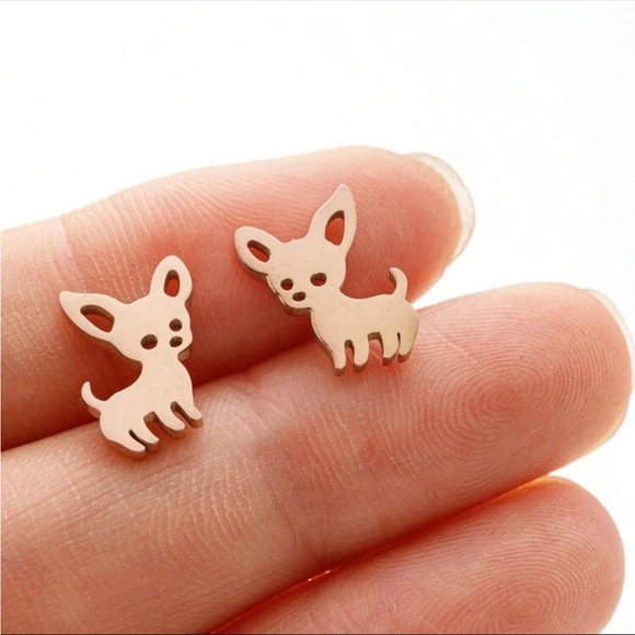 Rose Gold Chihuahua Stud Earrings, Chihuahua Dog Earrings - Picture 2 of 3